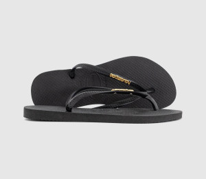 Havaianas Womens Slim Logo Metallic Flip Flops Black Golden, 8