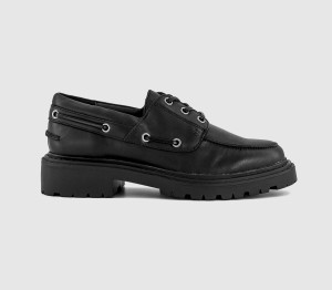 OFFICE Womens Flare Lace Up Chunky Boat Shoes Black Leather, 3