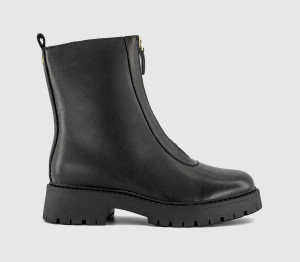 OFFICE Womens Atticus Front Zip Chunky Boots Black Leather, 5