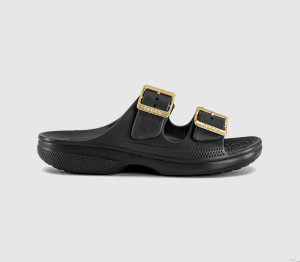 Crocs Womens Classic Metallic Buckle Saturday Sandals Black, 7