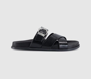 OFFICE Womens Stella Cross Strap Buckle Detail Footbed Sliders Black, 3