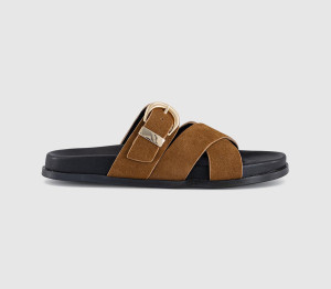 OFFICE Womens Stella Cross Strap Buckle Detail Footbed Sliders Tan Suede, 5