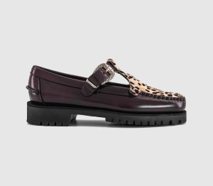 Sebago Womens Aurora T Bar Shoes Burgundy Leopard Red, 3