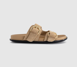OFFICE Womens Shania Double Buckle Footbed Sandals Taupe Suede Natural, 3