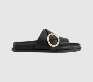 OFFICE Womens Salsa Buckle Trim Footbed Sliders Black Leather, 6