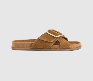 OFFICE Womens Sia Cross Over Buckle Footbed Sliders Tan Suede, 6