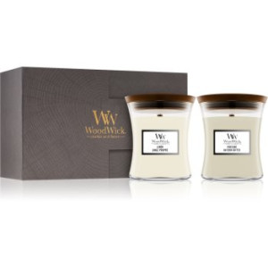 Woodwick Fireside & Linen coffret (gift box) com pavio de madeira . Fireside & Linen