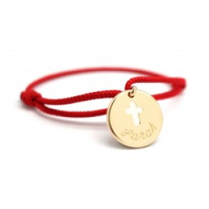 Bracelet cordon - médaille croix ivoire - Plaqué or