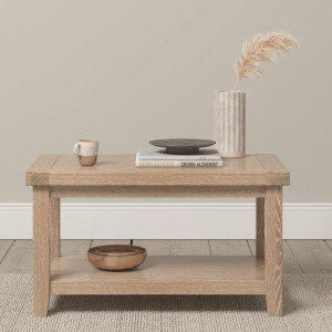 Large Coffee Table with Shelf in Natural Oak | Solid Wood Furniture For Living Room | Whitewashed Texture | Burford | Harbour Lifestyle