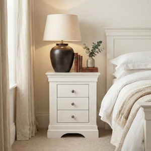 Bedside Table with 3 Drawers in Warm White | Solid Wood Indoor/Bedroom Furniture | Fully Assembled | 15 Year Guarantee | Chalbury | Harbour Lifestyle