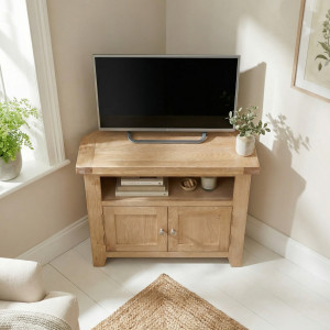 Corner Media Unit in Natural Oak | 2 Door With Storage | Solid Wooden Indoor Furniture | Fully Assembled | Burford | Harbour Lifestyle