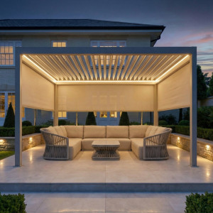PergoSTET 4m x 4m Aluminium Garden Pergola - Latte | Water Resistant Louvered Roof | Rectangle Pergola | 3 Side Blinds & LED Lights | Contemporary Design
