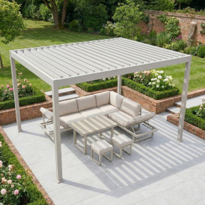Harbour Lifestyle PergoSTET Lite 3m x 4m Pergola Frame Only In Latte, Steel, Tilting Louvres, Integrated Drainage, Outdoor Patio Pergola