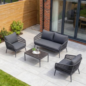 Rhea 2 Seat Garden Sofa Set | With Ceramic Coffee Table | All Weather Rope Weave | Machine Washable Cushions | Minimal Assembly in Grey/Charcoal