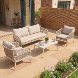 Rhea 2 Seat Sofa Set With 2 Armchairs & Coffee Table - Latte, Rope & Powder-Coated Aluminium, Ceramic Top, Outdoor Garden Furniture