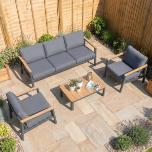 Cora 3 Seat Aluminium Garden Sofa Set | With Wood Effect Coffee Table | Luxury Deep Seating in Grey/Charcoal