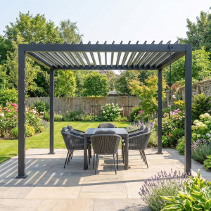 PergoSTET 3m x 3m Aluminium & Steel Square Pergola - Grey | Water Resistant Louvred Roof