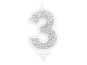 Świeczka "3" srebrny brokat,7cm