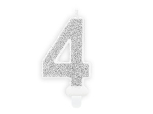 Świeczka "4" srebrny brokat,7cm