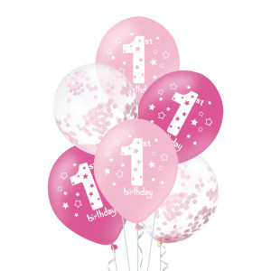 Balony Roczek różowe 6szt./konfetti