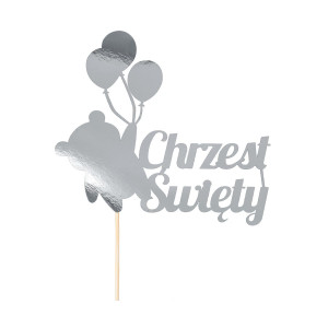 Topper Chrzest Święty srebrny, Miś z Balonami