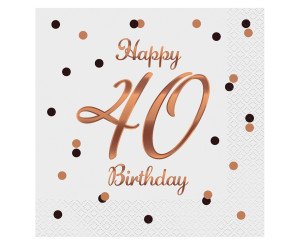 Serwetki Happy 40 Birthday, białe, różówy nadruk/20szt.