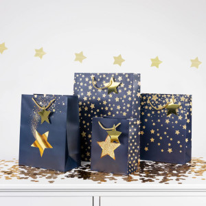 Torebki na prezenty Gwiazdki granatowo-złote średnie