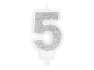 Świeczka cyferka 5 srebrna brokat, 7cm
