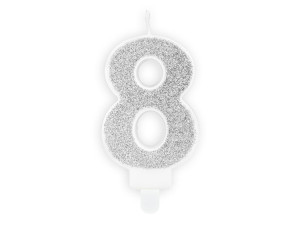 Świeczka cyferka "8" srebrny brokat, 7cm