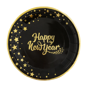 Papierowy talerz Happy New Year czarny 7cali 6szt