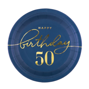 Talerzyk papierowy Happy Birthday 50 granatowy 7cali 6szt.