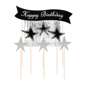 Toppery na tort Happy Birthday ze srebrnymi gwiazdami 7szt.