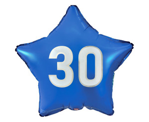 Balon foliowy urodzinowy "30" gwiazda niebieska, nadruk biały, 19 cali