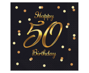 Serwetki Happy 50 Birthday, czarne, złoty nadruk/20szt.