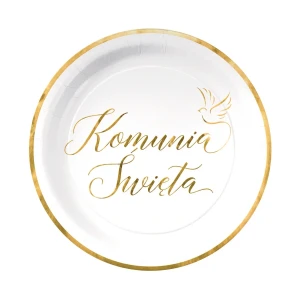 Talerzyki papierowe Komunia Święta biało-złote 7 cali 6 szt.