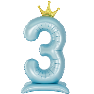 Balon foliowy Stojący CYFRA 3 z koroną Błękitny 100cm