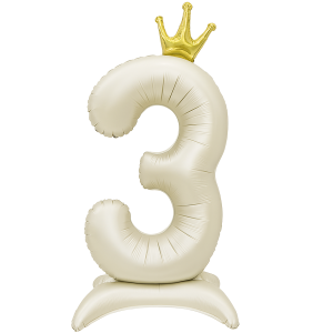Balon foliowy Stojący CYFRA 3 z koroną Kremowy 100cm