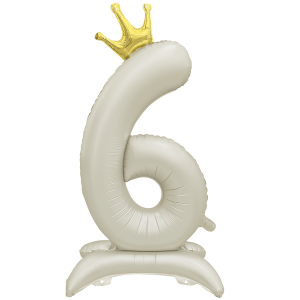 Balon foliowy Stojący CYFRA 6 z koroną Kremowy 100cm