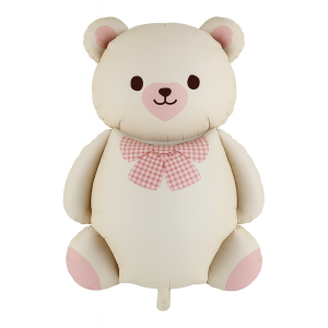 Balon foliowy Miś z różową kokardką – kremowy 65 x 90 cm