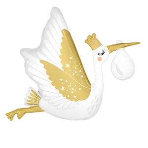 Balon foliowy Bocian ze Złotą Koroną Baby Shower – 88 x 71 cm