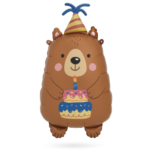 Balon foliowy Miś z Tortem i Czapeczką Urodzinową – 78 x 44 cm