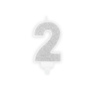 Świeczka "2" srebrny brokat,7cm
