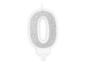 Świeczka cyferka "0" srebrny brokat, 7cm