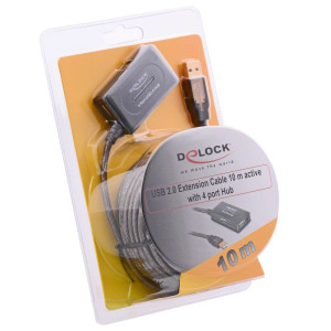 Delock USB 2.0 Verlngerungskabel 10 m aktiv mit 4 Port Hub