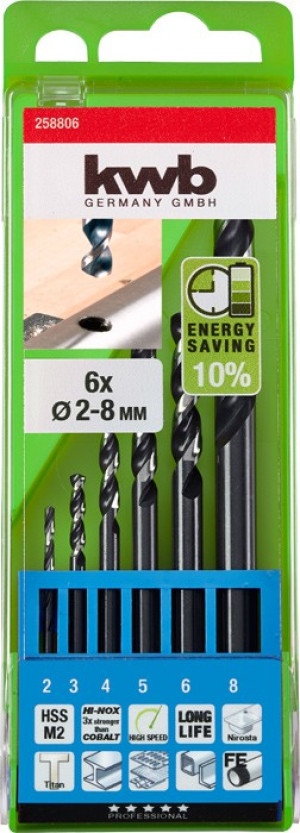 Kwb 258806 HSS Metall-Spiralbohrer-Set 6teilig 2 mm, 3 mm, 4 mm, 5 mm,