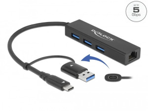 Delock 3 Port USB 3.2 Gen 1 Hub + Gigabit LAN