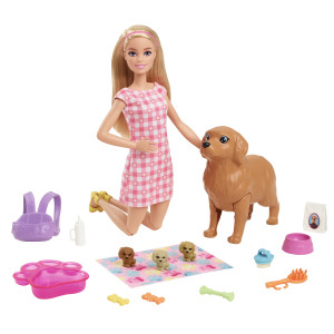 Mattel Barbie Puppe (blond) mit Hund und Welpen HCK75