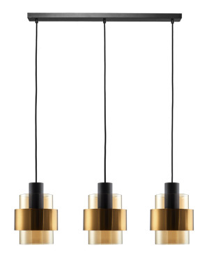 Freelight Hanglamp Chiasso Zwart Goud & Amber Glas 3 Lichts L 1 mtr