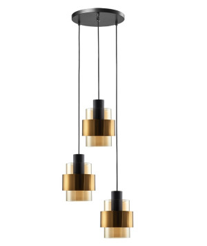 Freelight Hanglamp Chiasso Zwart Goud & Amber Glas 3 Lichts Rond Ø 30cm