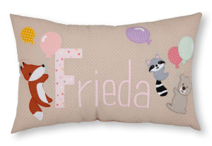 crêpes suzette Namenskissen Fuchs, Waschbär, Teddy und Ballons I Beige I mit Wunschnamen